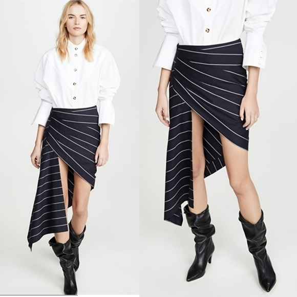 New MONSE Asymmetric Pinstripe Wrapped Midnight/Ivory Midi Skirt NWT Size 4 US - Picture 1 of 16